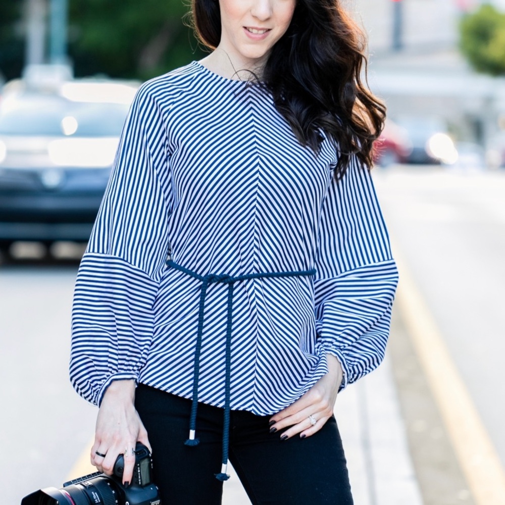 Zara Striped Belted Blouse Navy XS